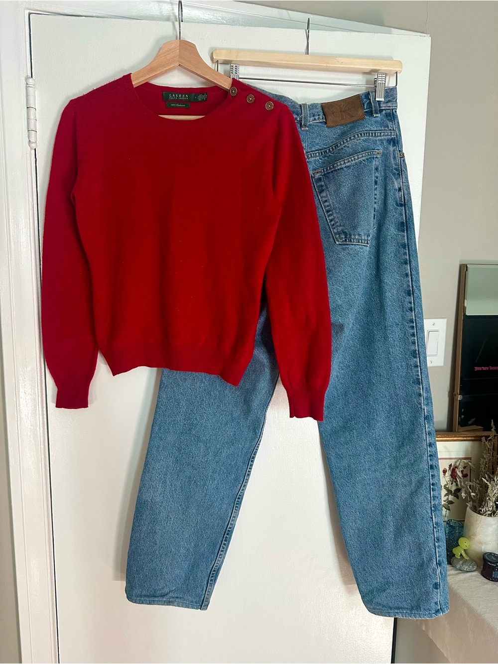 Vintage Lauren Ralph Lauren Red Button-Shoulder Crewneck Sweater